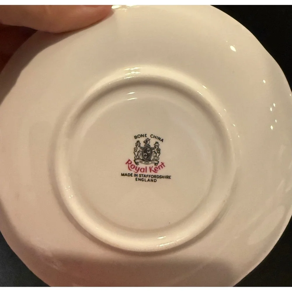 Royal Kent Staffordshire Teacup Saucer Pink Clematis Floral Gold Trim Bone China